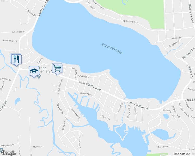 map of restaurants, bars, coffee shops, grocery stores, and more near 4873 Sherwell Drive in Waterford Township