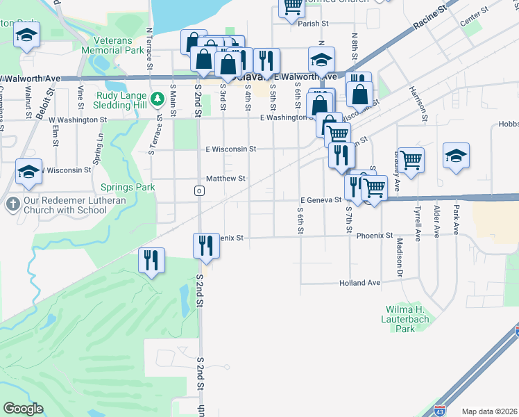 map of restaurants, bars, coffee shops, grocery stores, and more near 504 South 5th Street in Delavan