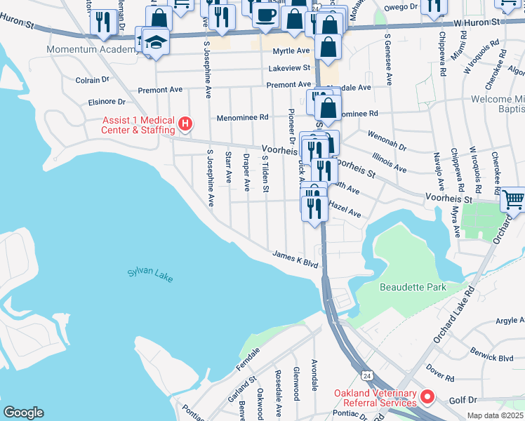 map of restaurants, bars, coffee shops, grocery stores, and more near 280 South Tilden Street in Pontiac