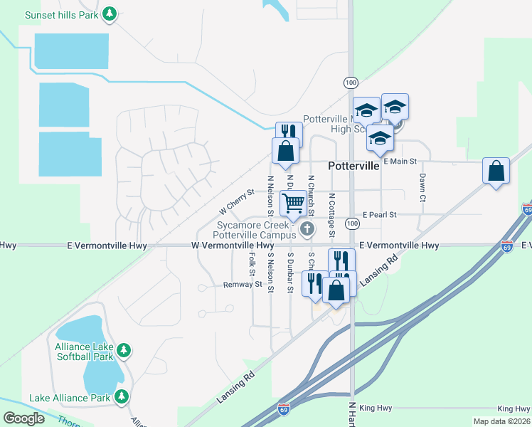 map of restaurants, bars, coffee shops, grocery stores, and more near 205 North Nelson Street in Potterville