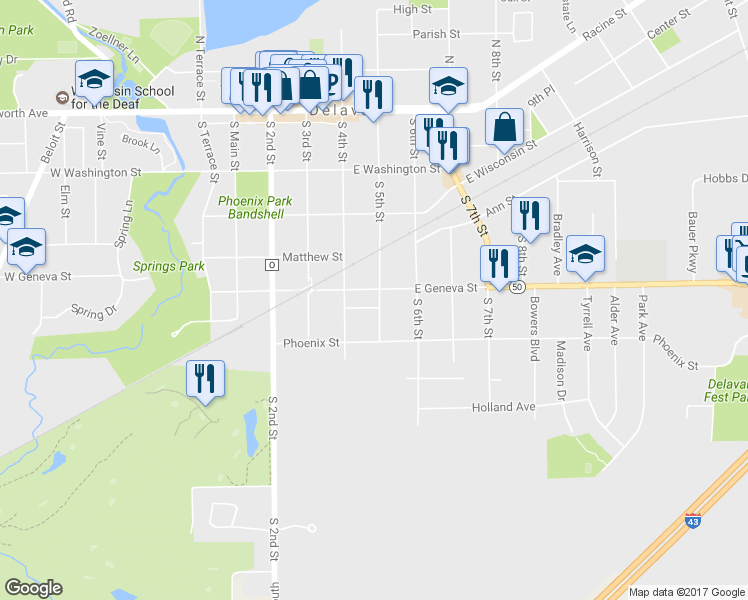 map of restaurants, bars, coffee shops, grocery stores, and more near 504 South 5th Street in Delavan
