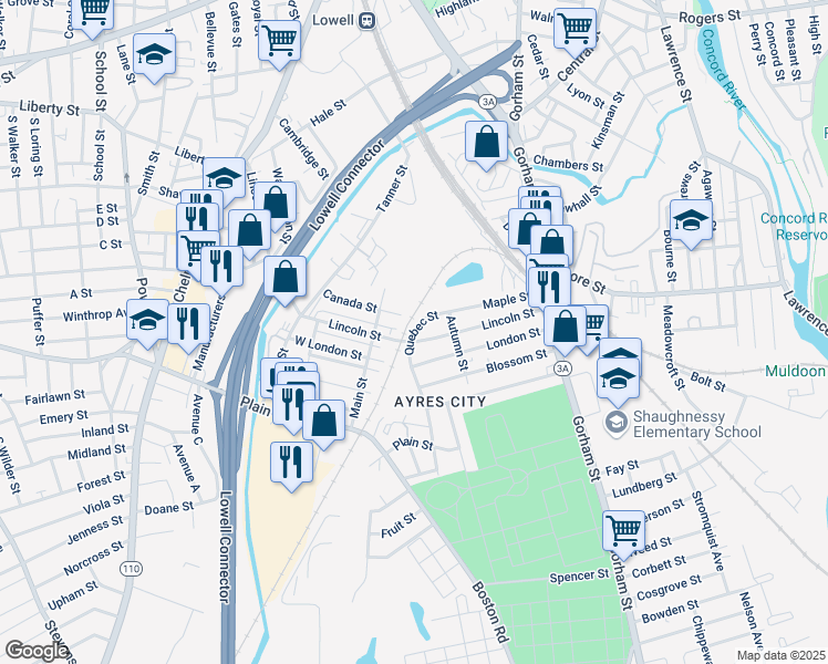 map of restaurants, bars, coffee shops, grocery stores, and more near 128R Maple Street in Lowell