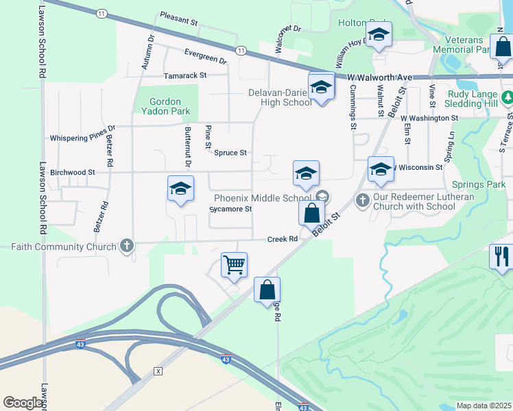 map of restaurants, bars, coffee shops, grocery stores, and more near 433 Turtle Creek Drive in Delavan
