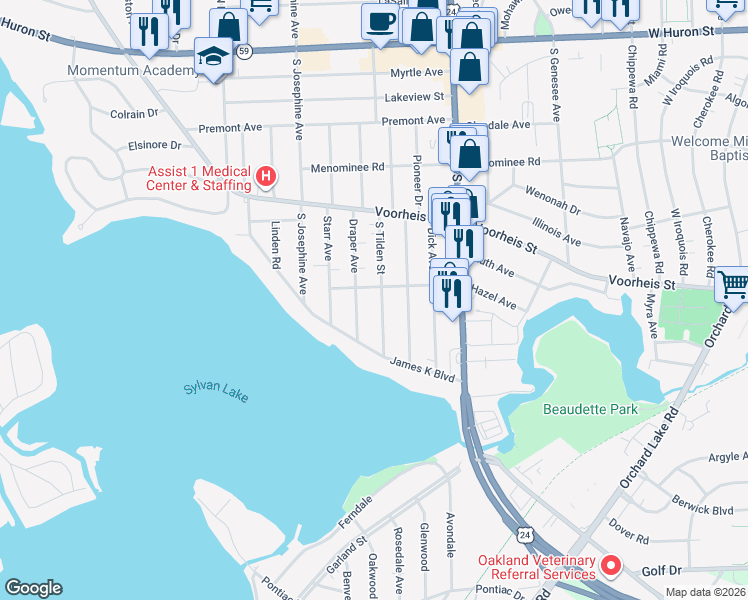 map of restaurants, bars, coffee shops, grocery stores, and more near 285 Draper Avenue in Pontiac