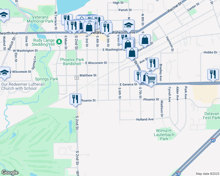 map of restaurants, bars, coffee shops, grocery stores, and more near 504 South 5th Street in Delavan