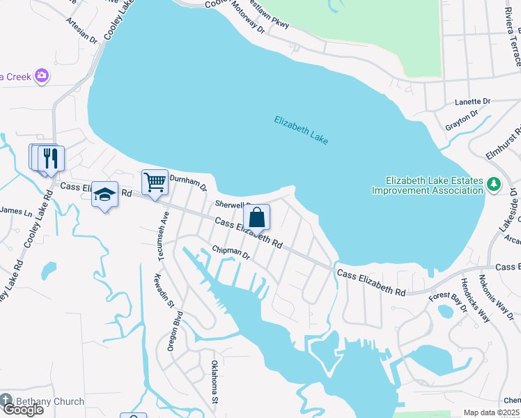 map of restaurants, bars, coffee shops, grocery stores, and more near 4873 Sherwell Drive in Waterford Township