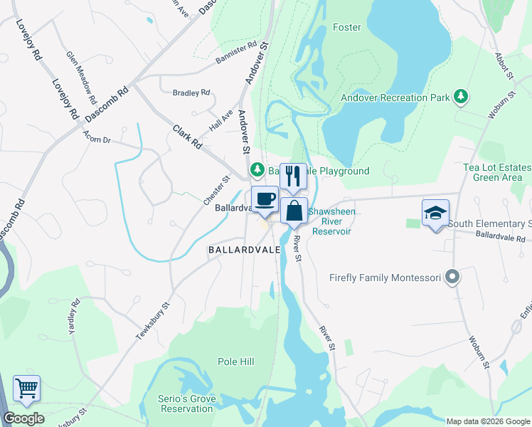map of restaurants, bars, coffee shops, grocery stores, and more near 180 Andover Street in Andover