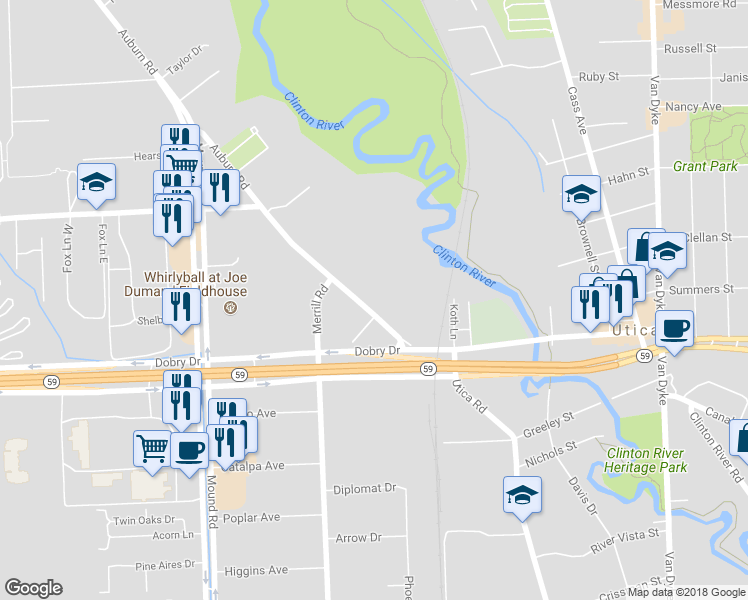 map of restaurants, bars, coffee shops, grocery stores, and more near 6625 Auburn Road in Utica