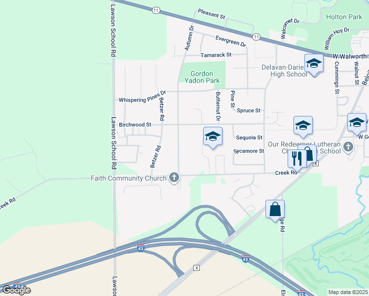 map of restaurants, bars, coffee shops, grocery stores, and more near 433 Autumn Drive in Delavan