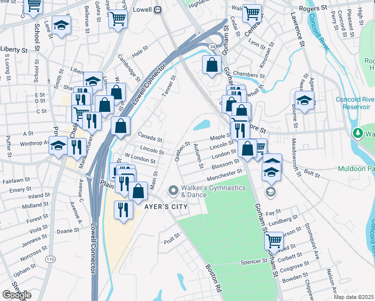 map of restaurants, bars, coffee shops, grocery stores, and more near 128R Maple Street in Lowell