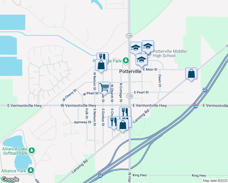 map of restaurants, bars, coffee shops, grocery stores, and more near 206 North Church Street in Potterville