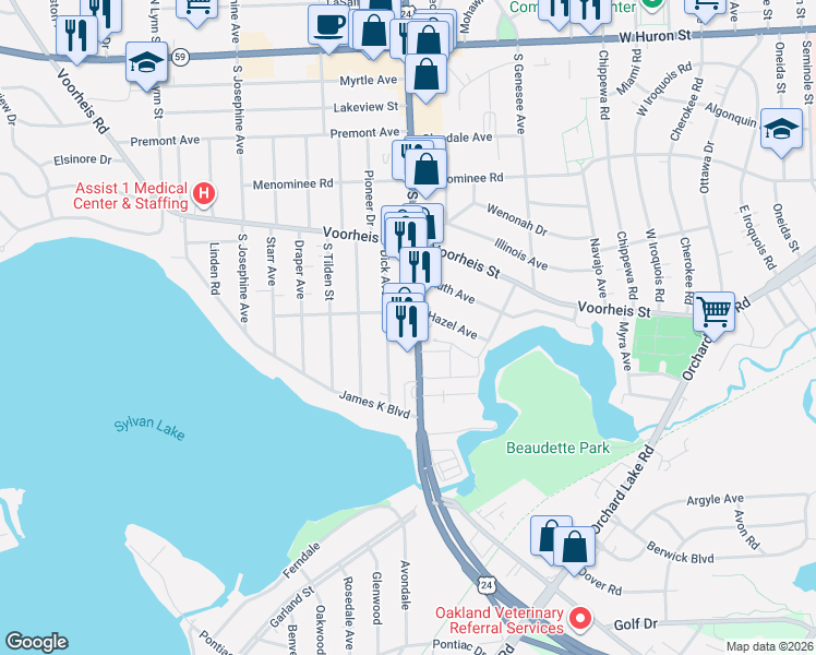 map of restaurants, bars, coffee shops, grocery stores, and more near 275 South Telegraph Road in Pontiac