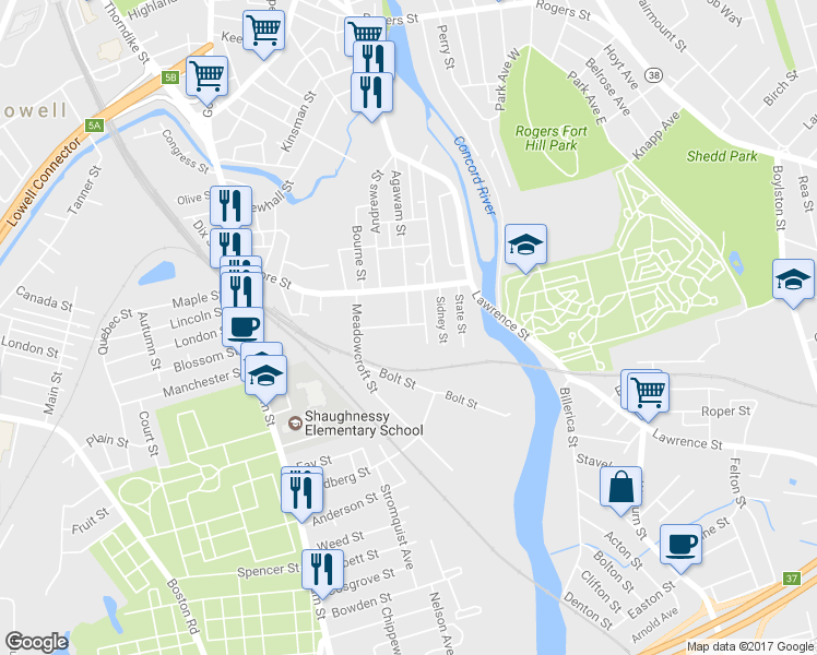 map of restaurants, bars, coffee shops, grocery stores, and more near 51 Saint James Street in Lowell