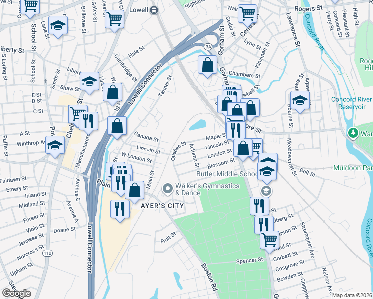 map of restaurants, bars, coffee shops, grocery stores, and more near 341 Lincoln Street in Lowell