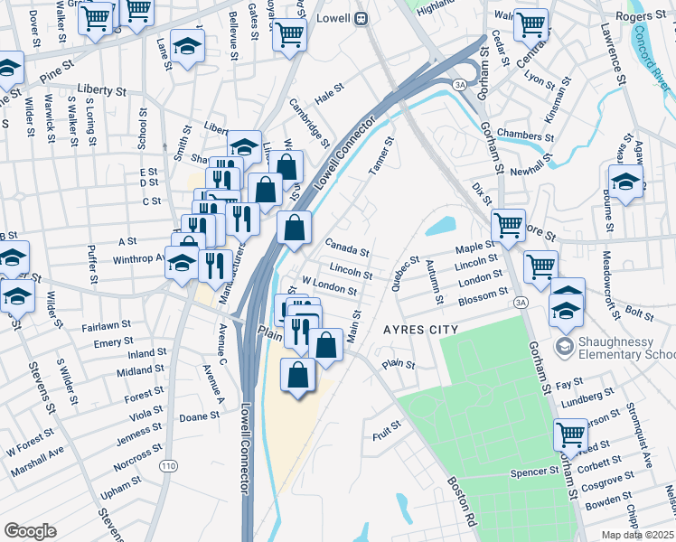 map of restaurants, bars, coffee shops, grocery stores, and more near 221 Lincoln Street in Lowell