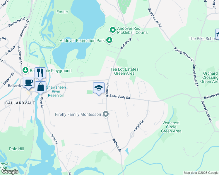 map of restaurants, bars, coffee shops, grocery stores, and more near 46 Woburn Street in Andover