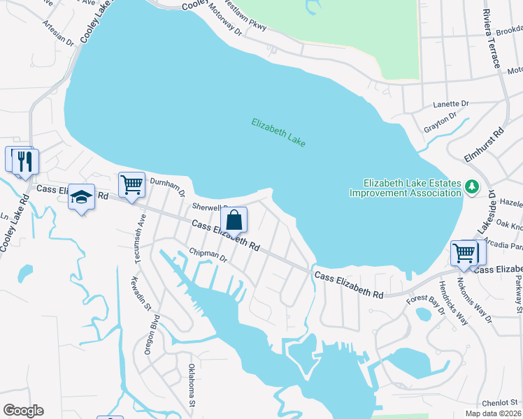 map of restaurants, bars, coffee shops, grocery stores, and more near 4801 Sherwell Drive in Waterford Township