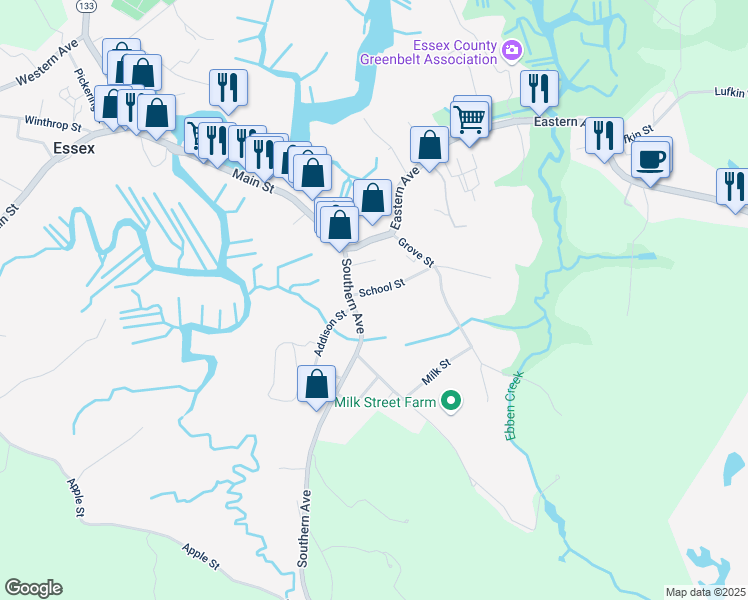 map of restaurants, bars, coffee shops, grocery stores, and more near 5 School Street in Essex