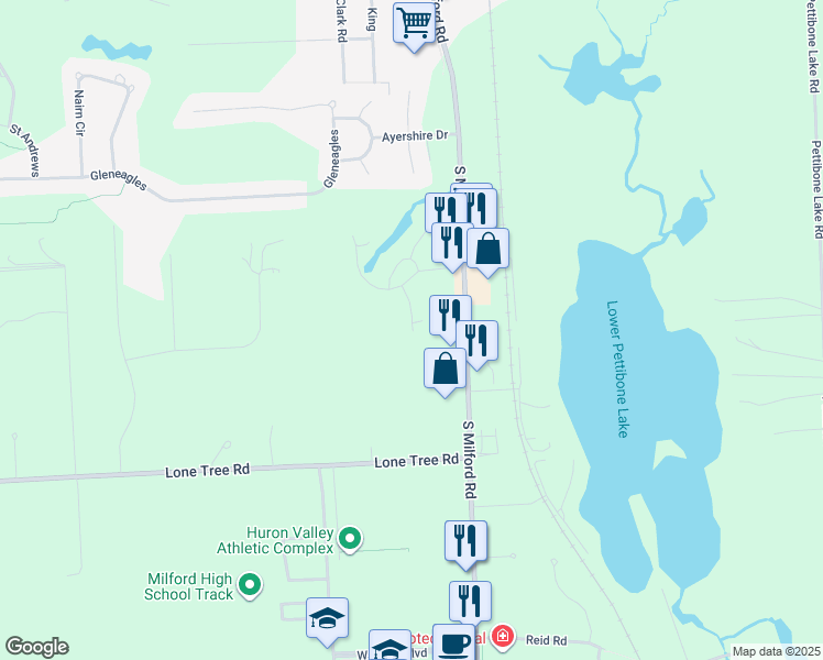 map of restaurants, bars, coffee shops, grocery stores, and more near 1277 Pine Ridge Drive in Highland Charter Township