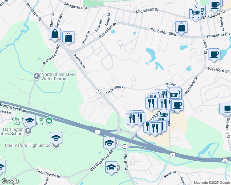 map of restaurants, bars, coffee shops, grocery stores, and more near 1 Technology Drive in Chelmsford