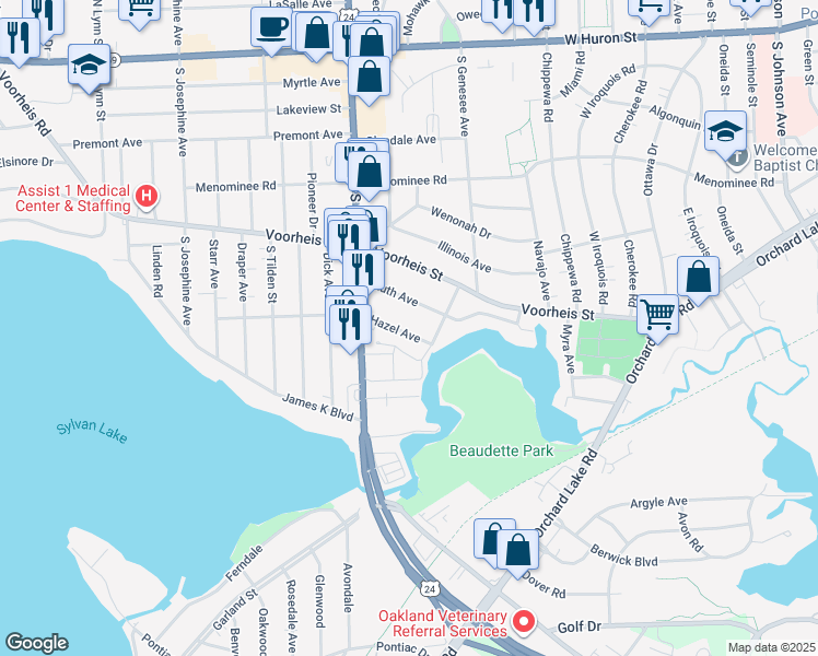 map of restaurants, bars, coffee shops, grocery stores, and more near 26 Hazel Avenue in Pontiac