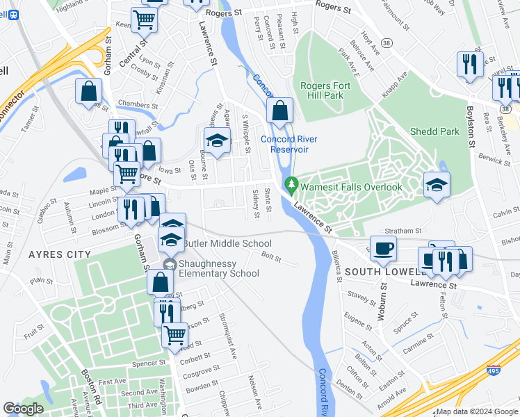map of restaurants, bars, coffee shops, grocery stores, and more near 40 Sidney Street in Lowell