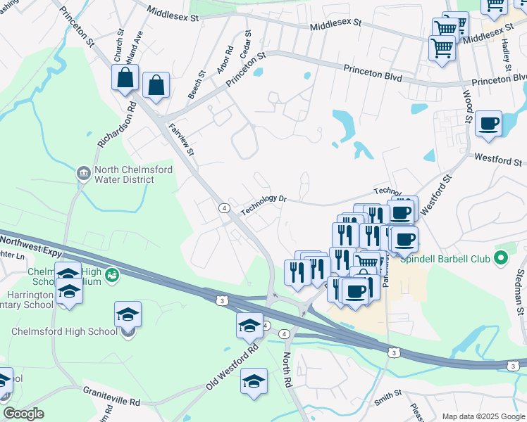 map of restaurants, bars, coffee shops, grocery stores, and more near 1 Technology Drive in Chelmsford