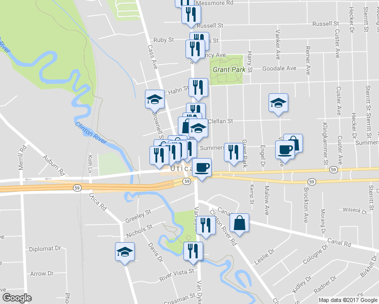 map of restaurants, bars, coffee shops, grocery stores, and more near 7830 Summers Street in Utica