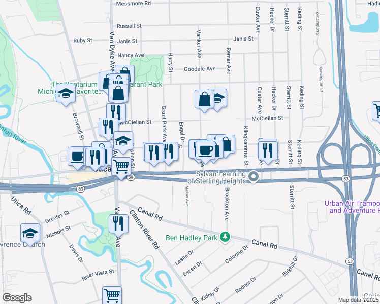 map of restaurants, bars, coffee shops, grocery stores, and more near 45086 Engel Drive in Utica