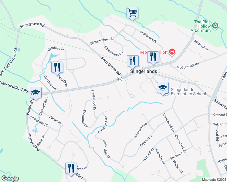map of restaurants, bars, coffee shops, grocery stores, and more near 11 Slingerland Street in Slingerlands