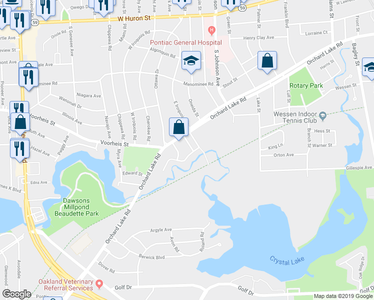 map of restaurants, bars, coffee shops, grocery stores, and more near 30 Salmer Avenue in Pontiac