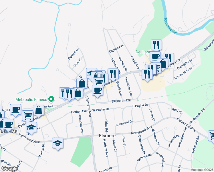 map of restaurants, bars, coffee shops, grocery stores, and more near 6 Lincoln Avenue in Delmar