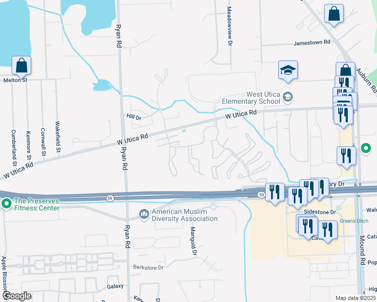 map of restaurants, bars, coffee shops, grocery stores, and more near 45096 Elmhurst Court in Shelby Township