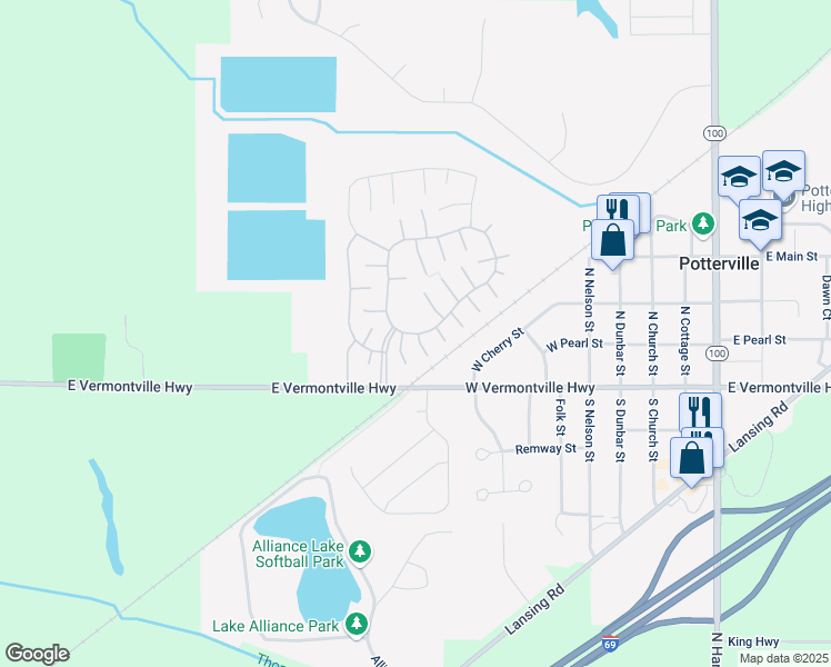 map of restaurants, bars, coffee shops, grocery stores, and more near 106 Constitution Circle in Potterville