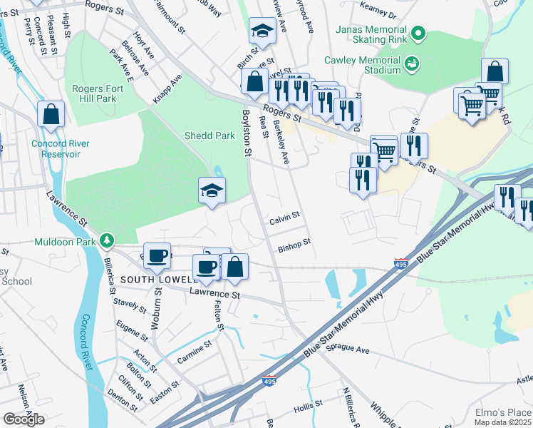 map of restaurants, bars, coffee shops, grocery stores, and more near 186 Boylston Street in Lowell