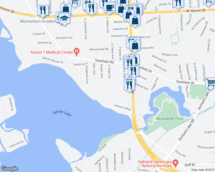 map of restaurants, bars, coffee shops, grocery stores, and more near 285 Draper Avenue in Pontiac