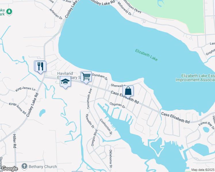 map of restaurants, bars, coffee shops, grocery stores, and more near 5030 Sherwell Drive in Waterford Township