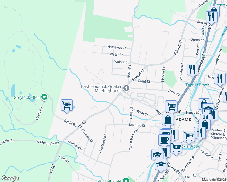 map of restaurants, bars, coffee shops, grocery stores, and more near 84 West Maple Street in Adams