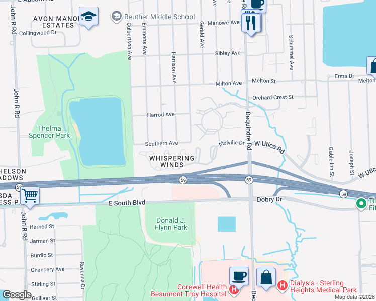 map of restaurants, bars, coffee shops, grocery stores, and more near 1642 Emerson Circle in Rochester Hills