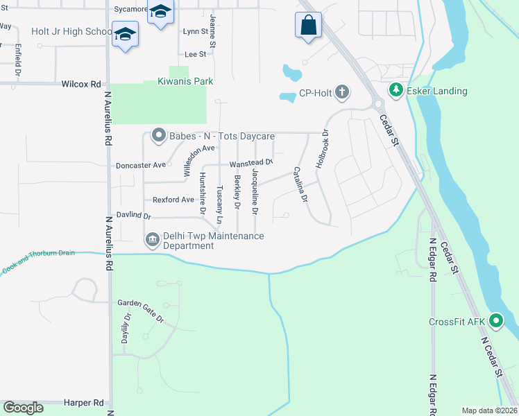 map of restaurants, bars, coffee shops, grocery stores, and more near 1550 Jacqueline Drive in Delhi charter Township