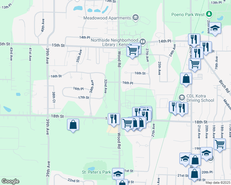 map of restaurants, bars, coffee shops, grocery stores, and more near 1677 30th Court in Kenosha