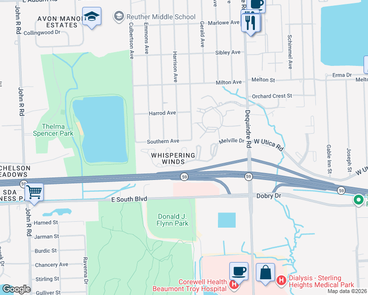 map of restaurants, bars, coffee shops, grocery stores, and more near 1642 Emerson Circle in Rochester Hills
