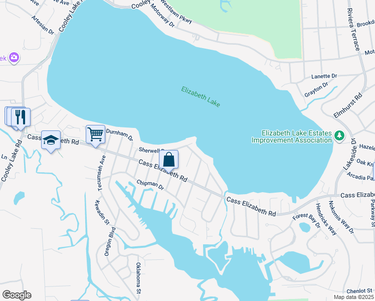 map of restaurants, bars, coffee shops, grocery stores, and more near 900 Sarena Drive in Waterford Township