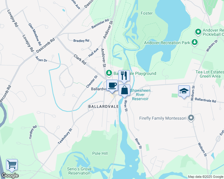 map of restaurants, bars, coffee shops, grocery stores, and more near 180 Andover Street in Andover