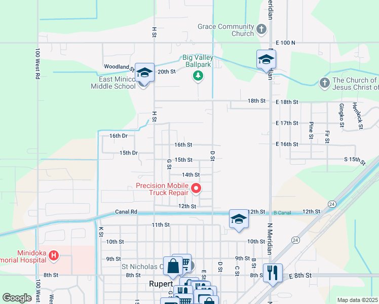 map of restaurants, bars, coffee shops, grocery stores, and more near 510 15th Street in Rupert