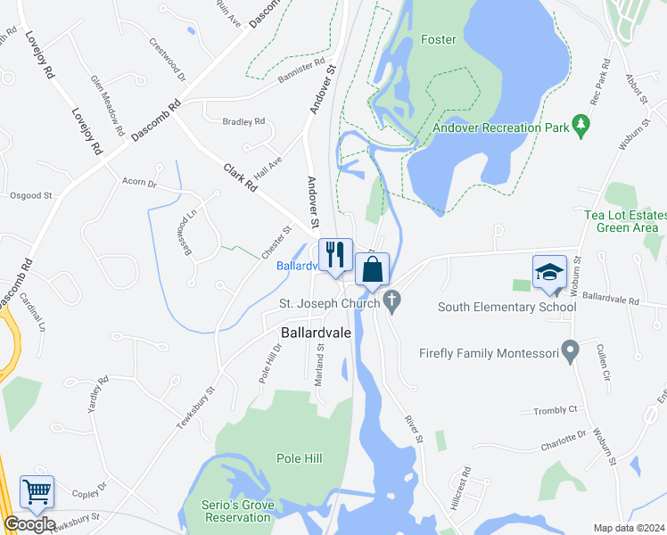 map of restaurants, bars, coffee shops, grocery stores, and more near 180 Andover Street in Andover