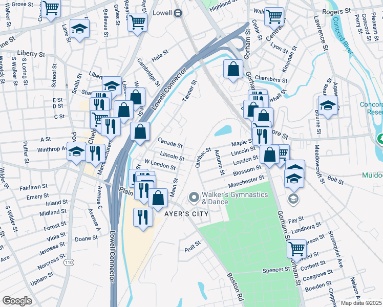 map of restaurants, bars, coffee shops, grocery stores, and more near 128R Maple Street in Lowell