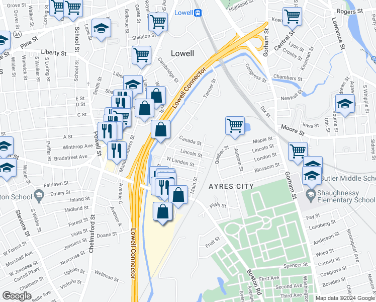 map of restaurants, bars, coffee shops, grocery stores, and more near 221 Lincoln Street in Lowell