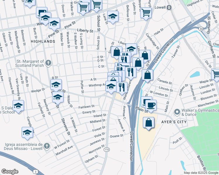 map of restaurants, bars, coffee shops, grocery stores, and more near 48 Parker Street in Lowell