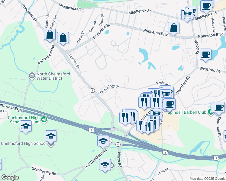 map of restaurants, bars, coffee shops, grocery stores, and more near 1 Technology Drive in Chelmsford